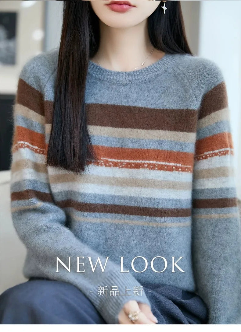 Autumn and winter 100% pure wool striped retro style round-neck wool knit women's long-sleeved versatile sweater top