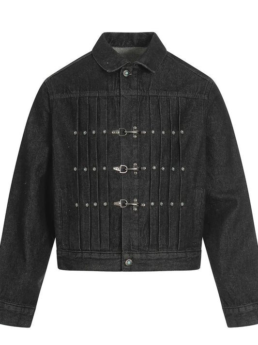 Mens Jacket Punk Vintage Streetwear Black Denim Short Coat Metal Buckle Studded Design Pleated Detail Retro Cool Hip Hop Fashion