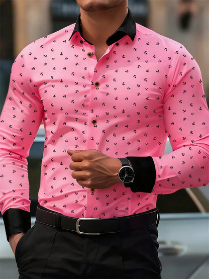 New Men's Fashion Anchor Print Contrast Color Lapel Long Sleeve Shirt Business Casual Slim Fit Non-iron Versatile Shirt XS-6XL