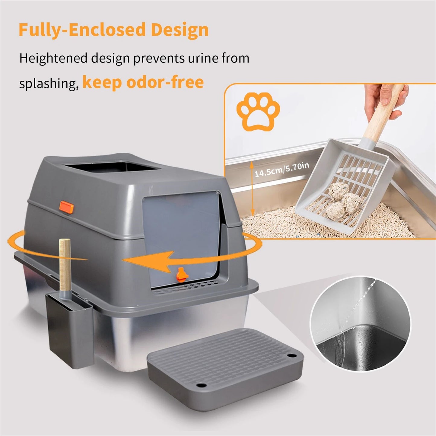 Extra Large Stainless Steel Cat Litter Box with Lid - High Wall Metal Tray for Big Cats - ZOOMNSTORE