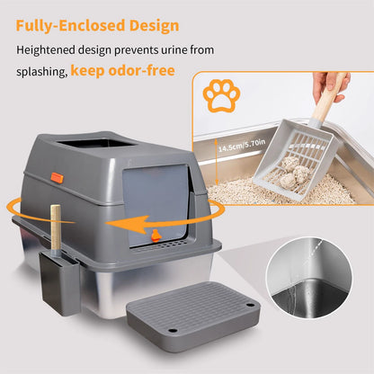 Extra Large Stainless Steel Cat Litter Box with Lid - High Wall Metal Tray for Big Cats - ZOOMNSTORE