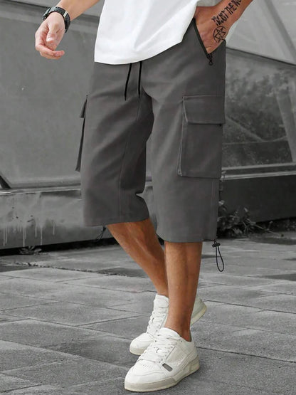 Men's 3/4-Length Cargo Shorts — Woven Twill Fabric, Multi-Pocket Casual Trousers. Non-Stretch Adult Apparel for Summer