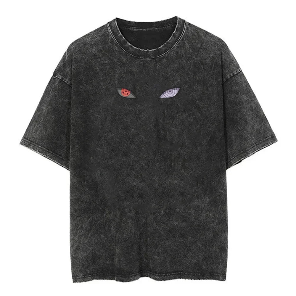 Men Streetwear Tshirt Japanese Naruto Anime Graphic T-Shirt Cotton Harajuku Washed T Shirt Summer Hip Hop Tops Tees Black