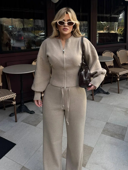 Bornladies 2026 Spring  New Knitted Wo-piece Set Zipper Top High-waisted Elastic Waist Straight Pants Set Mininalist Casual Suit