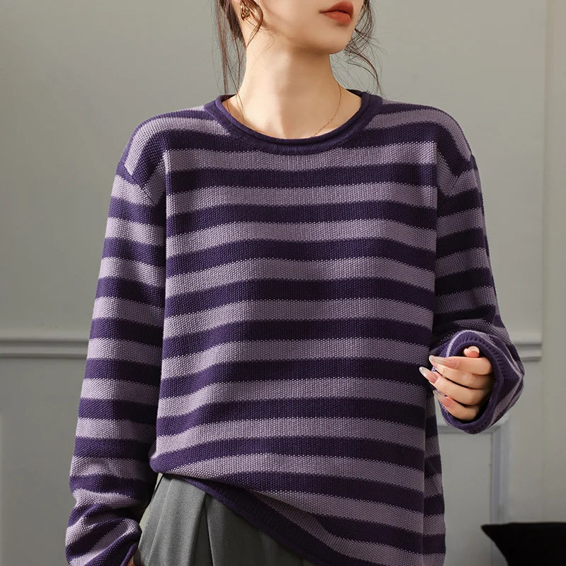Fashion 100% pure cotton women's sweater autumn and winter casual striped knitted top loose Korean round neck women's pullover