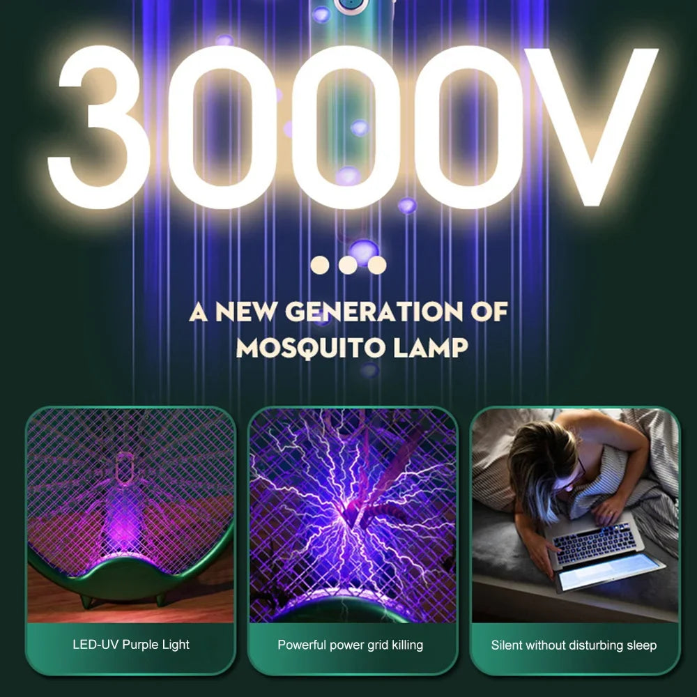 USB Mosquito Killer 3000V Electric Racket Foldable Insect Zapper Fly Swatter Rechargeable Bug Repellent Lamp Outdoor