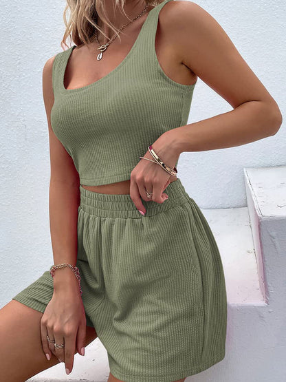 Women Shorts Outfit Solid Sleeveless Ribbed Crop Tank And Drawstring Shorts Casual Tracksuit Workout Set 2 Piece Lounge Set