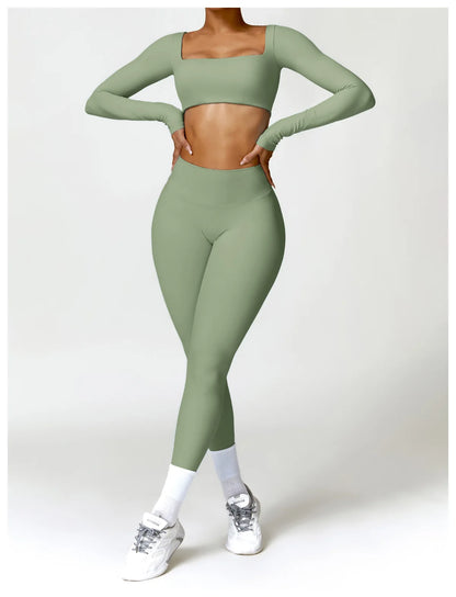 Women Yoga Suit - Quick Dry Gym Tracksuit With Long Sleeve Top & High Waist Leggings