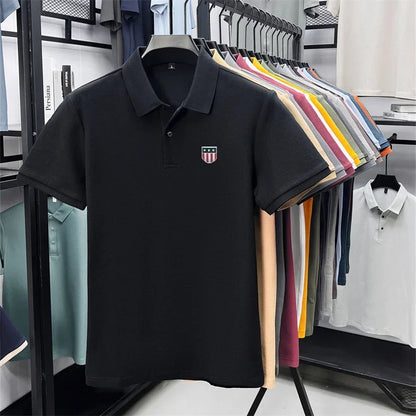 Men's Summer Luxury 100% Cotton Polo Shirt, Lapel Print Short Sleeve T-shirt, Breathable Business Casual Menswear