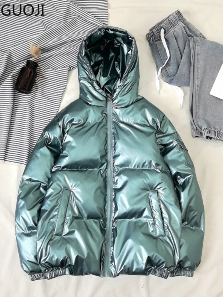 Streetwear Fashion Bright Silver Puffer Jackets for Men Thicken Winter Mens Coats Casual Hooded Cotton Wadded Heated Jacket Men