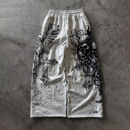 Summer Hot Gothic Skull Vintage Graffiti Full Print Wide Leg Pants Unisex Drawstring Y2K Hip Hop Streetwear Casual Trousers