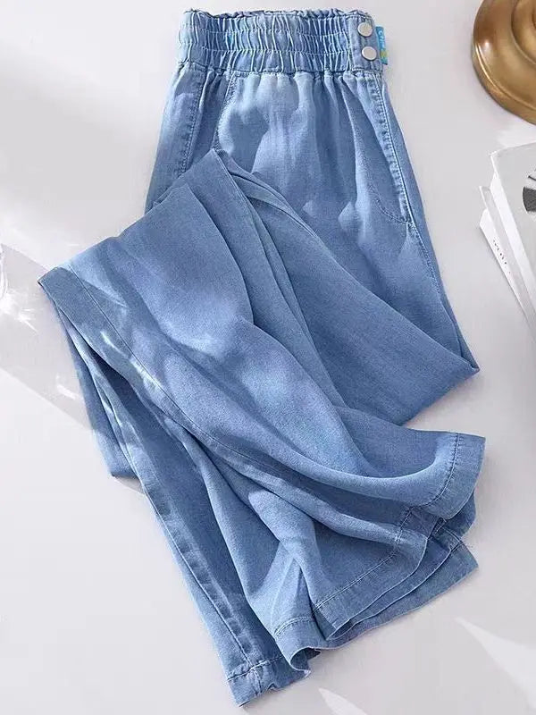 Spring Summer Ice Silk Wide Leg Jeans Loose Casual Pants Thin Lightweight Women's plus Size Elastic Waist Drapey Loose Fit