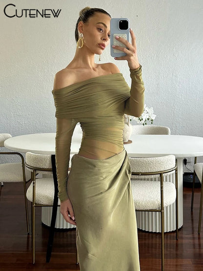 Mesh Ruched Maxi Dress - Sexy Sheath Off Shoulder Ankle Length Party Dress