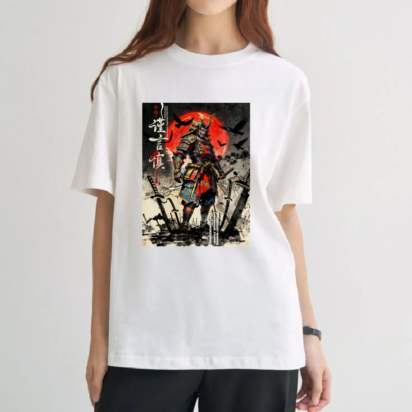 100% pure cotton short sleeved T-shirt Samurai Warrior Standing With Sword Red Moon Background Japanese Calligraphy Artwork Traditional Style Design Easy to wear and match, comfortable and fashionable, suitable for all season