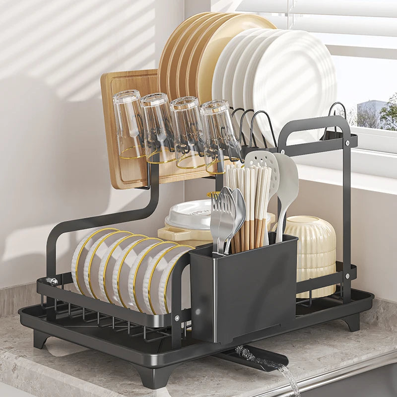 Dish Drying Rack - Over Sink Drainer with Utensil Holder, Foldable Two Tier, Auto Draining