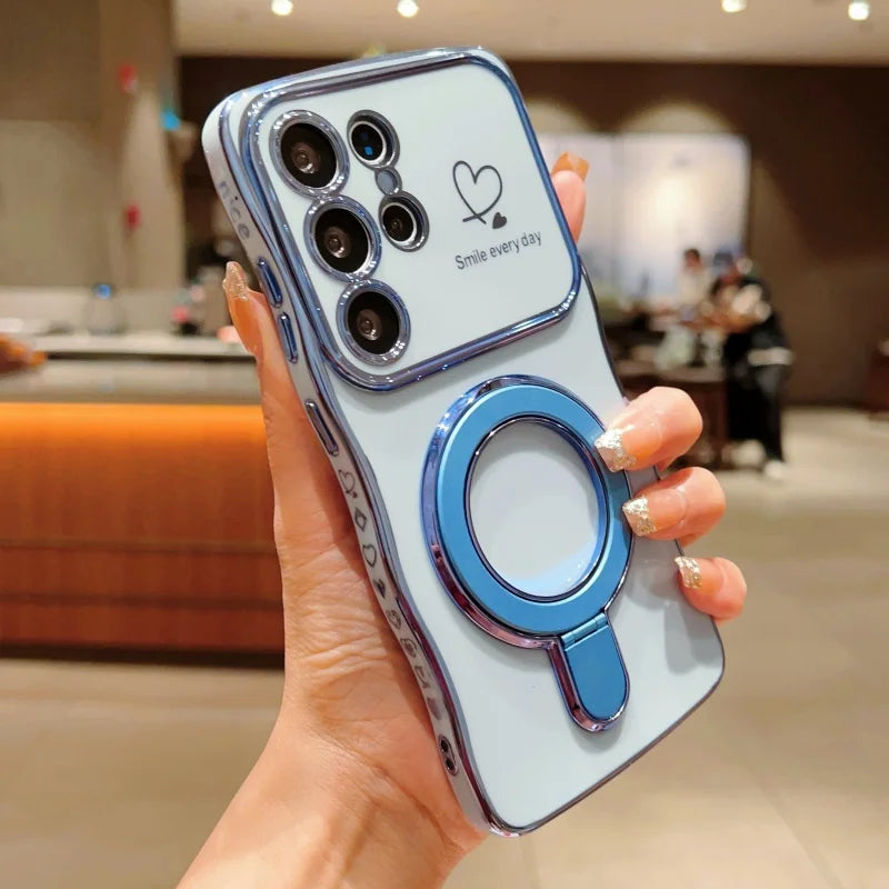 Wave Plating Side Love Heart Phone Case For Samsung Galaxy S26 S25 Ultra S24 S23 S22 A16 A55 Protect Lens Shockproof Back Cover