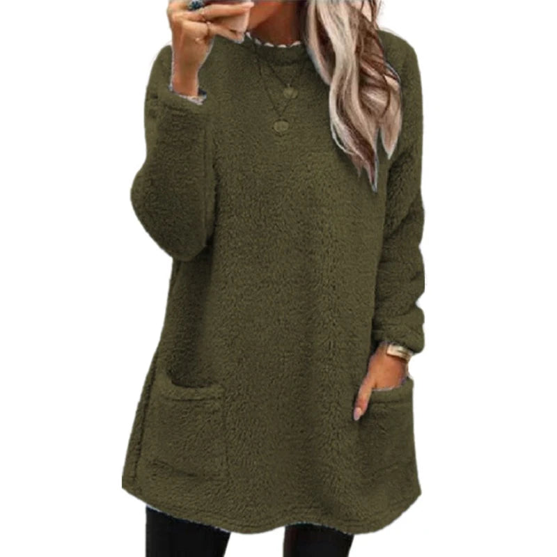 2025 Autumn Winter Women Warm Coat Streetwear Fleece Pocket Thinken Sweatershirt Autumn Female Casual Loose Outfits Casual Tops