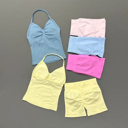 2Pcs HISTELLO Yoga Set Women Halter Tank Top Scrunch Butt Lifting Shorts Ruched Anti Chafe Quick Dry Gym Workout Sports Set