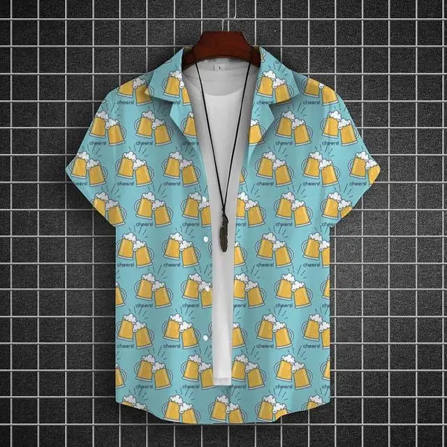 Hawaiian Shirt For Men 3d Beer Printed Short Sleeve Shirts Party Tees Summer Casual Tops Loose Oversized Clothing