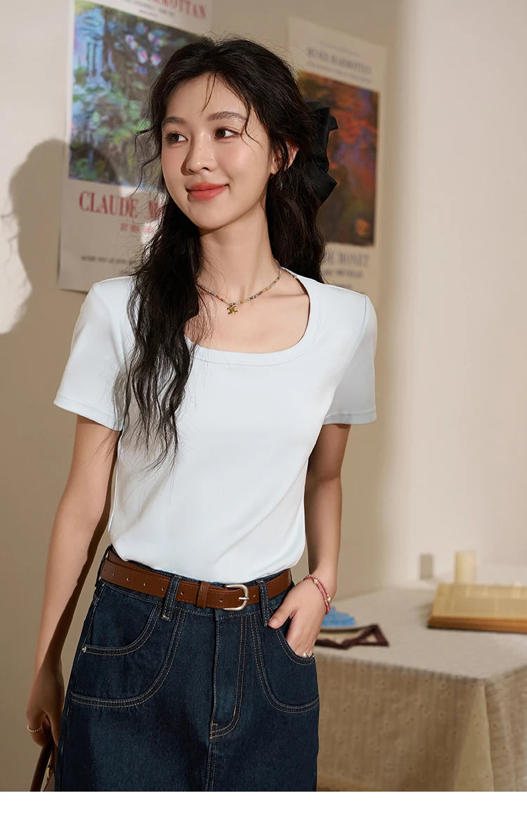 Women's Square-Neck T-Shirt – Elegant Cotton Short-Sleeve Top
