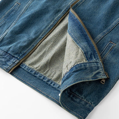 Men's Casual Non-Stretch Denim Jacket High Street Style Zipper Loose Workwear Jacket Plus Size Trendy Streetwear Top