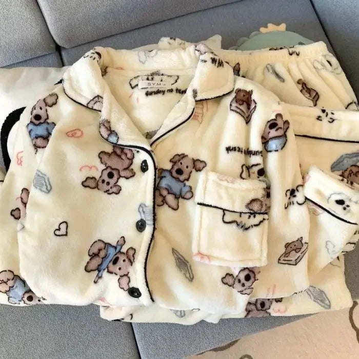 Plus Size Fluffy Winter Pajamas Women's Home Clothes Set Thickened Warmth Sleepwear with Running Dogs Design Cozy Indoor Suit