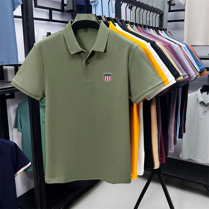 Men's Summer Luxury 100% Cotton Polo Shirt, Lapel Print Short Sleeve T-shirt, Breathable Business Casual Menswear
