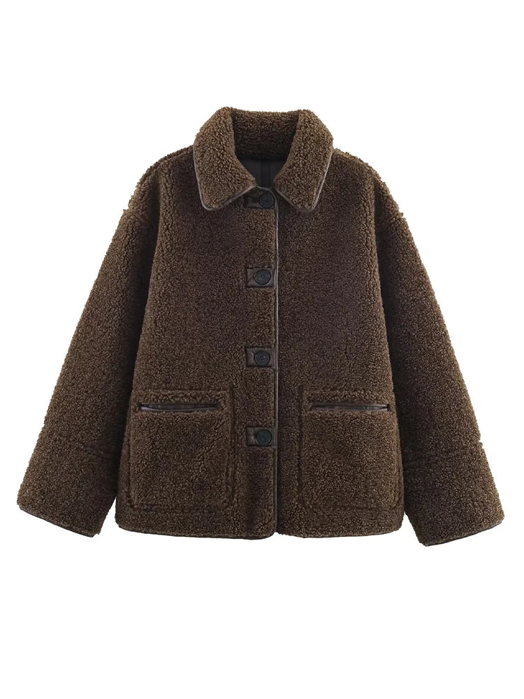 Women Warm Jacket - Casual Streetwear Single Breasted Lapel Collar Coat With Button Decoration