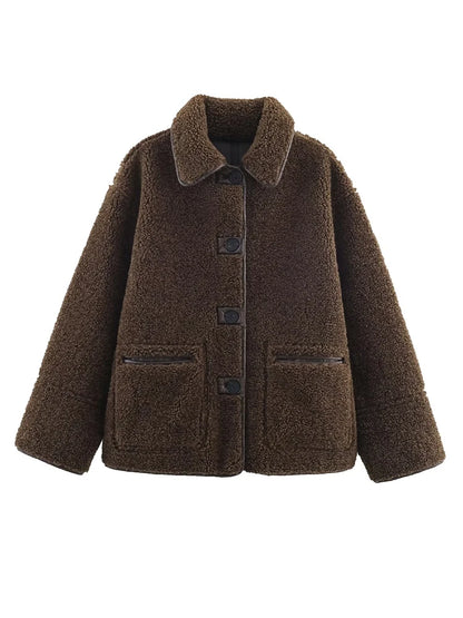 Women Warm Jacket - Casual Streetwear Single Breasted Lapel Collar Coat With Button Decoration