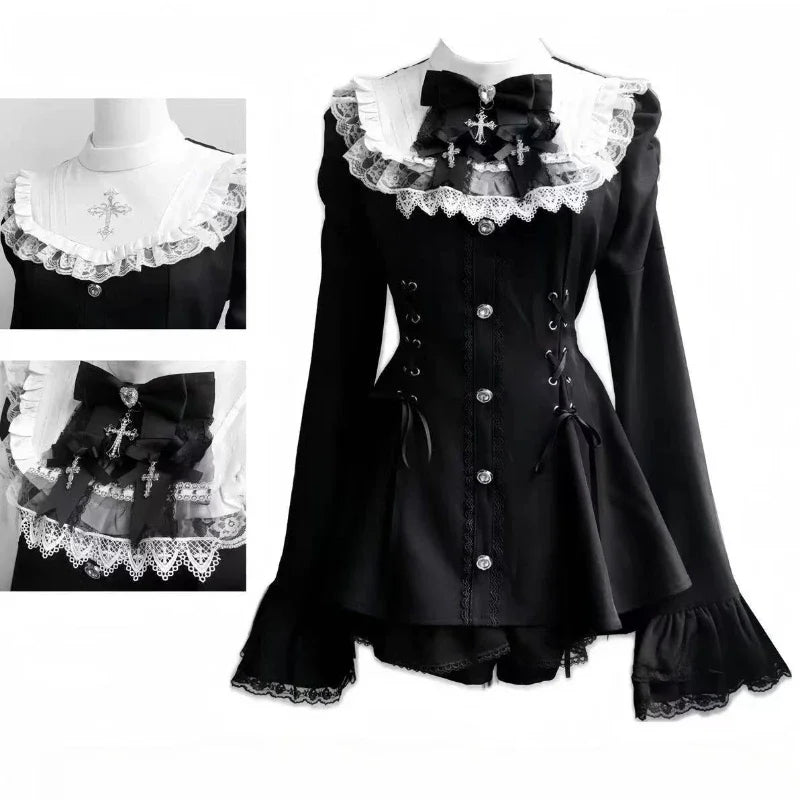 Japanese Y2 Aesthetics Vintage Bow Dress Shorts Set Women Gothic Lolita Style Long Sleeve Shirt Dress Elegant Party Dress Suits