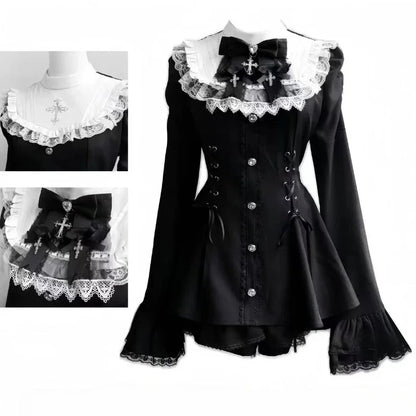 Japanese Y2 Aesthetics Vintage Bow Dress Shorts Set Women Gothic Lolita Style Long Sleeve Shirt Dress Elegant Party Dress Suits