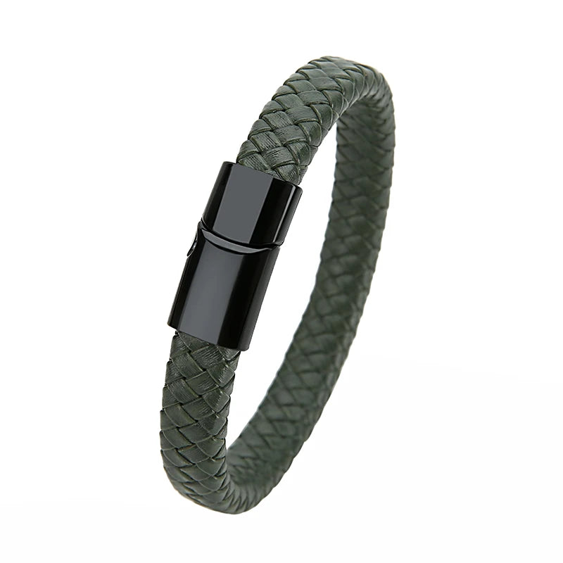 Mibrow Braided Black Leather Men Bracelet 10x5 12x6mm Size Fashion Metal Magnetic Clasp Wrap Bracelets Punk Charm Men Jewelry