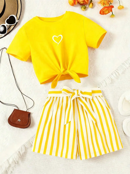 Women's casual daily short sleeved love printed+striped printed shorts 2-piece set with random belt striped children's clothing