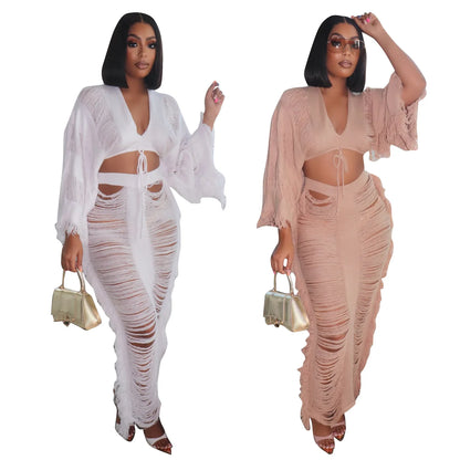 Swimwear Skirt Cover-up 2 Piece Set Women Crop Tops And Long Skirt Bathing Suit Fashion Solid Hollow Sexy Beach Cover Up Outfits