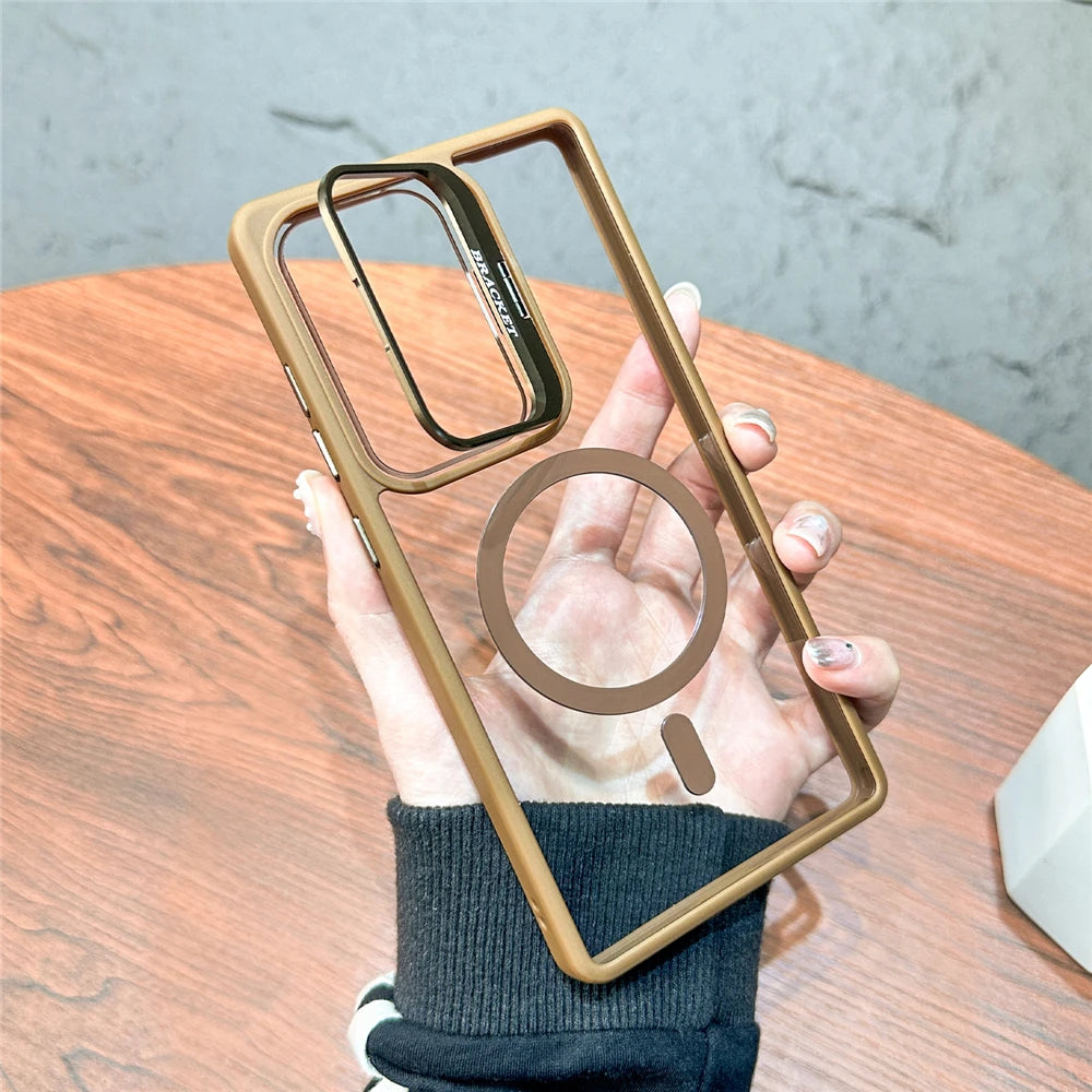 For Magsafe Hidden Fold Lens Holder Case For Samsung S26 S25 Ultra S24 S23 S22 Plus Transparent Magnetic Wirelesss Charge Cover