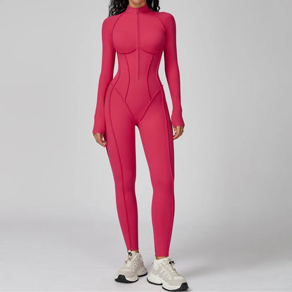 Women's Yoga Bodysuit - Long Sleeve Tracksuit Gym Zipper Suit, Breathable Fitness Jumpsuit