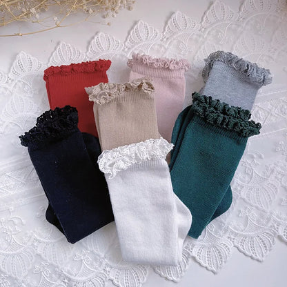 New Winter Autumn Baby Girls Knee High Socks Lace  Ruffle Long Sock Cotton Kids Toddlers Princess Christma Socken For 0-5Years