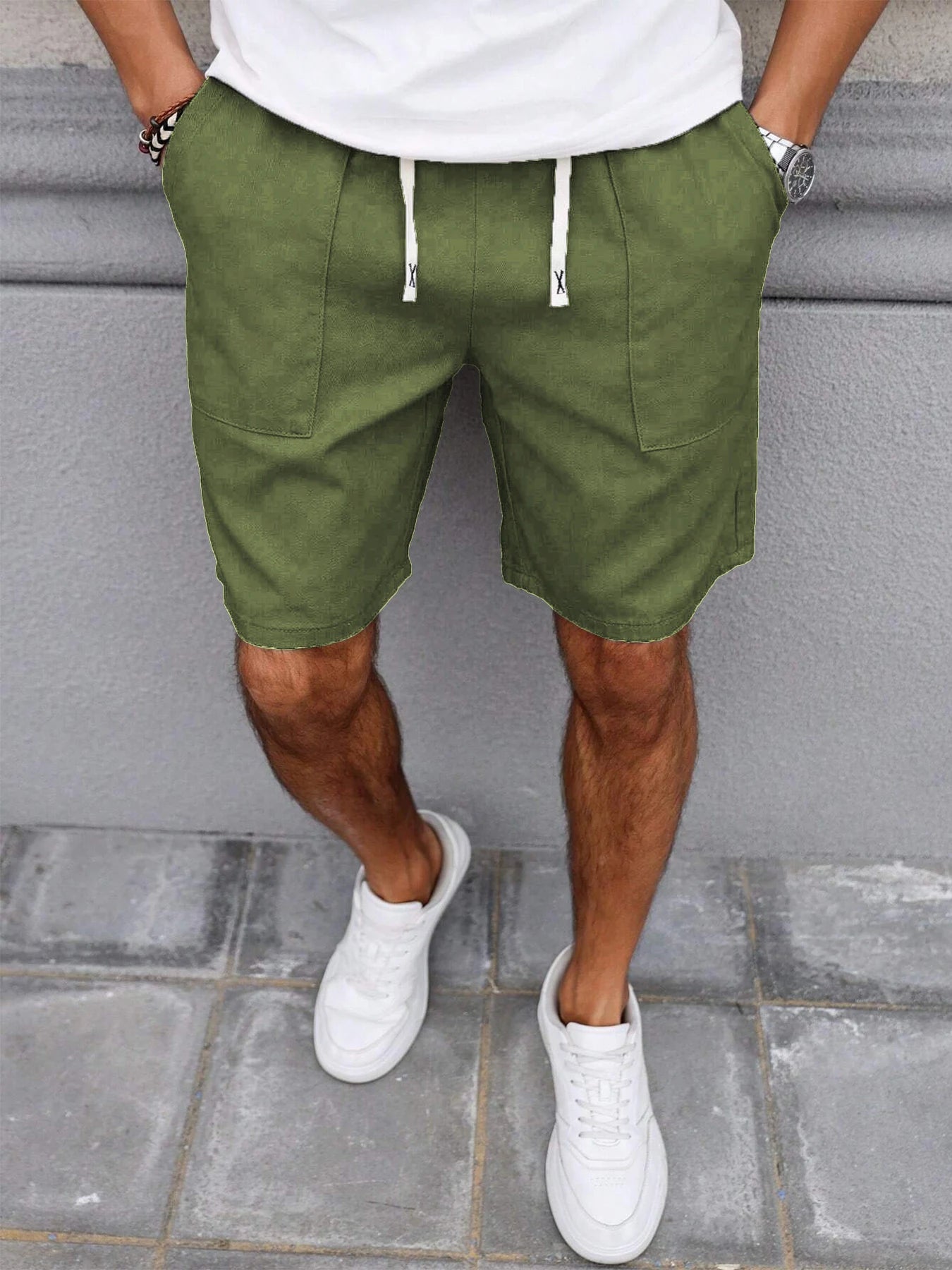 Summer Men's Retro American Style Shorts with Drawstring Casual Pants Included Solid Color Trendy Mid-Length Men's Shorts