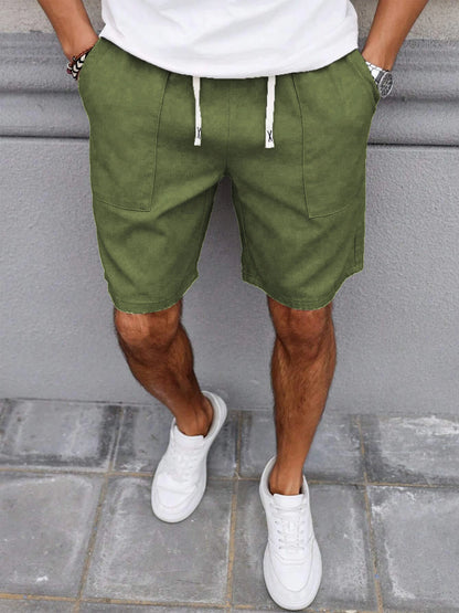 Summer Men's Retro American Style Shorts with Drawstring Casual Pants Included Solid Color Trendy Mid-Length Men's Shorts