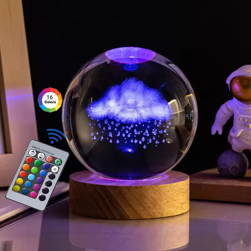 3D Crystal Ball Night Light – USB Powered Lamp With Remote Control & Wooden Base