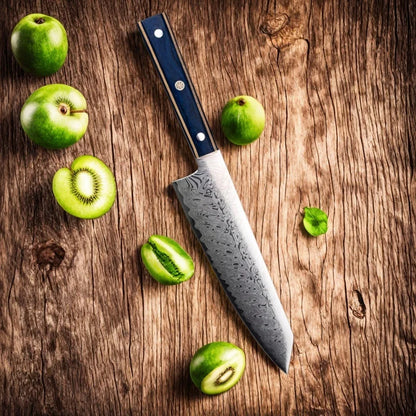 Damascus Chef Knife - Japanese Santoku Slicing Knife with Solid Wood Handle