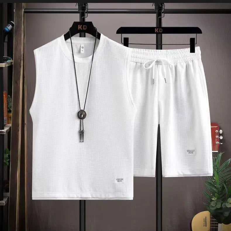 Summer men's vest sets high quality Gym jogging sportswear set Mesh quick drying fashion casual Vest + Shorts 2 piece set 3XL