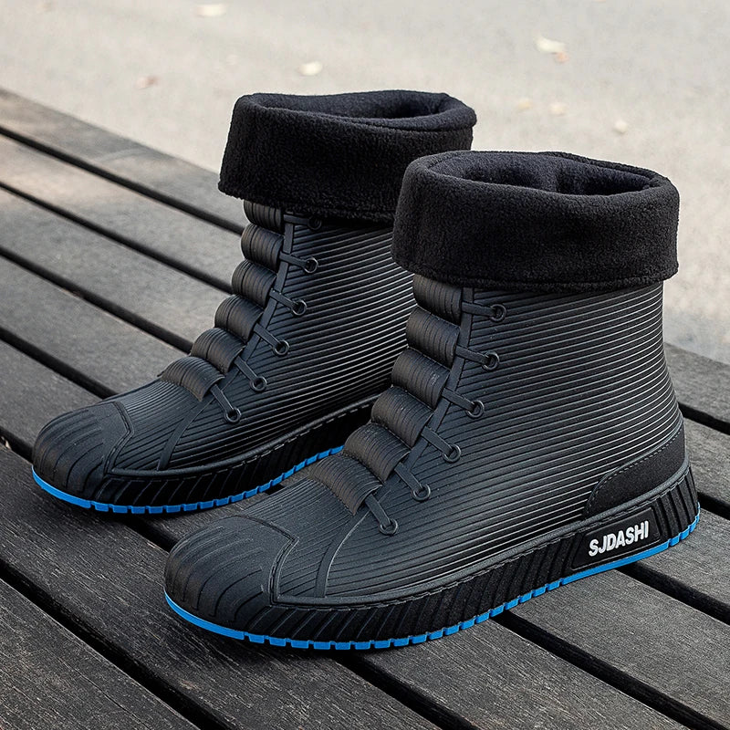 Waterproof Rain Boots - Men Women Mid-Calf Lined Fleece Casual PVC Shoes