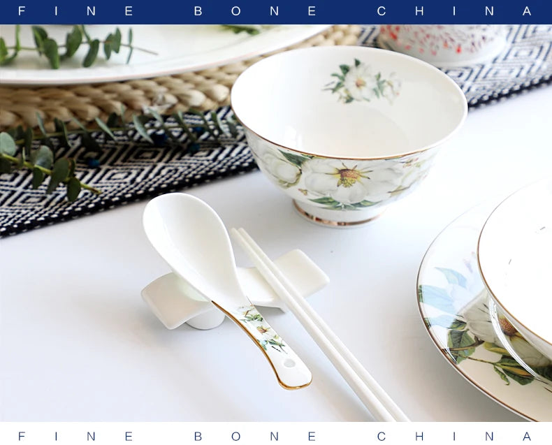 Bone China Dinnerware Set - Floral Ceramic Plates Bowls  Soup Pots