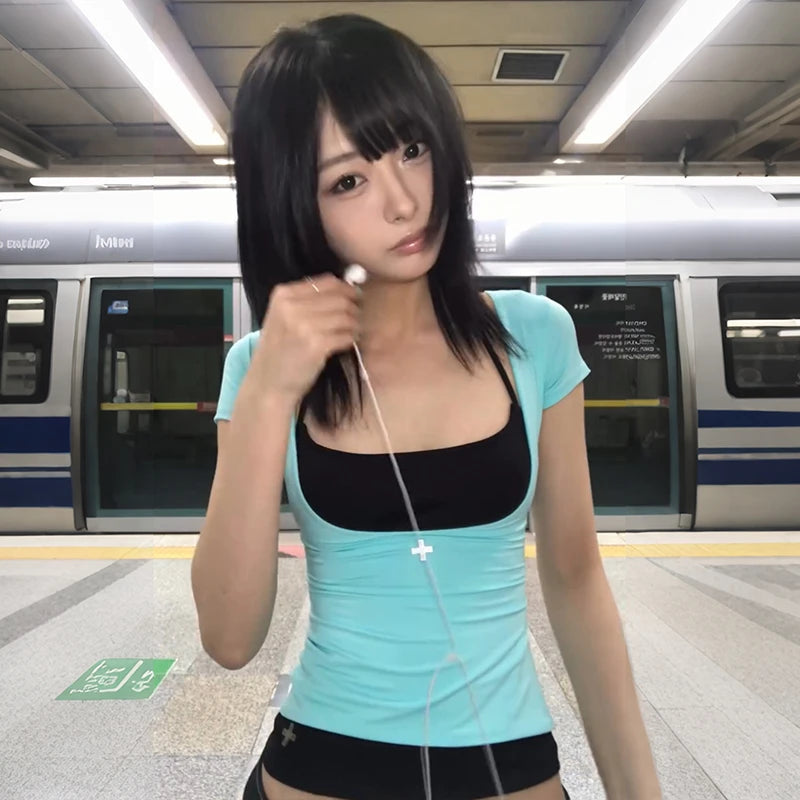 Karrram Japanese Y2k Fake Two-piece T-shirt 2000s Style Short Sleeve Halter Top Vintage Harajuku Patchwork Tshirt American Retro
