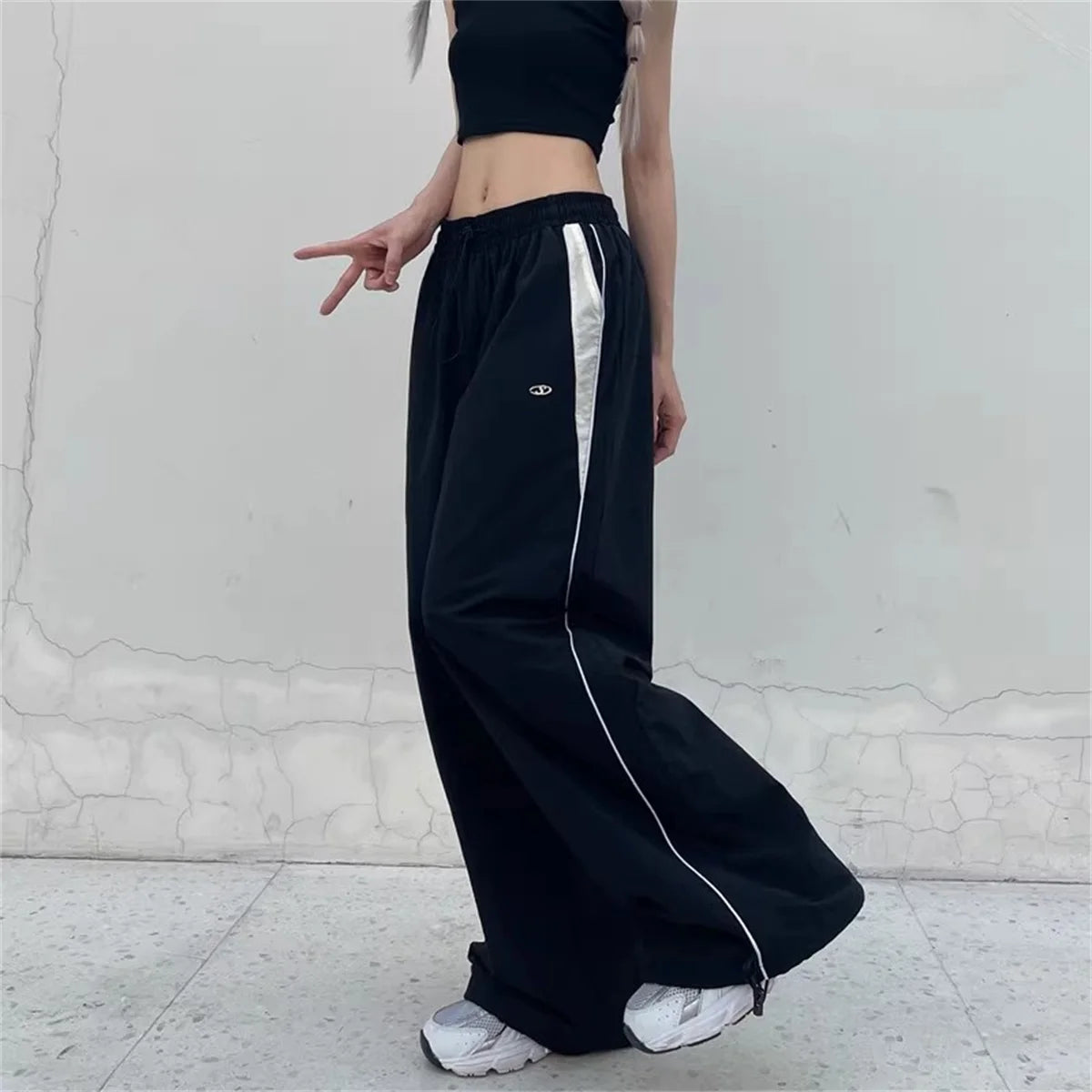 Retro Side Stripe Bowknot Wide Leg Pants Women High Waist Casual Sports Trousers Harajuku Cargo Pants Streetwear Hip Hop Joggers
