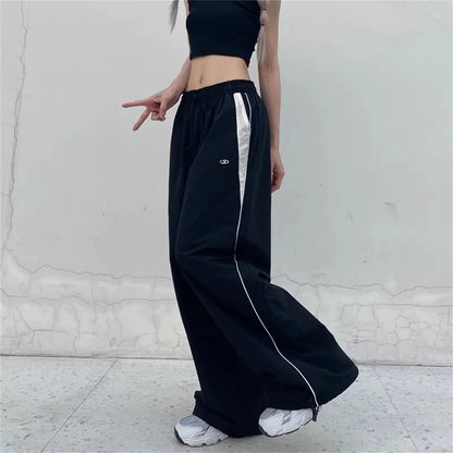 Retro Side Stripe Bowknot Wide Leg Pants Women High Waist Casual Sports Trousers Harajuku Cargo Pants Streetwear Hip Hop Joggers