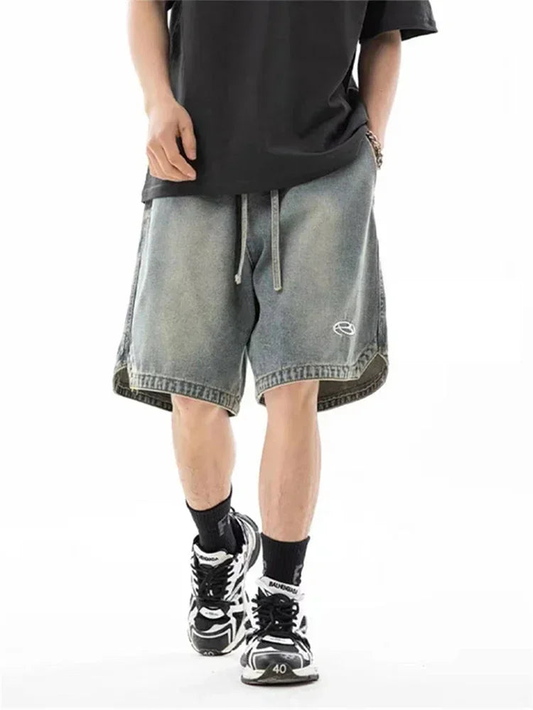 Baggy Denim Shorts - Men's Summer Casual Streetwear With Embroidery & Elastic Waist