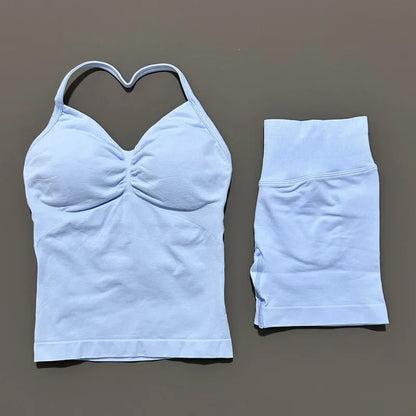 2Pcs HISTELLO Yoga Set Women Halter Tank Top Scrunch Butt Lifting Shorts Ruched Anti Chafe Quick Dry Gym Workout Sports Set