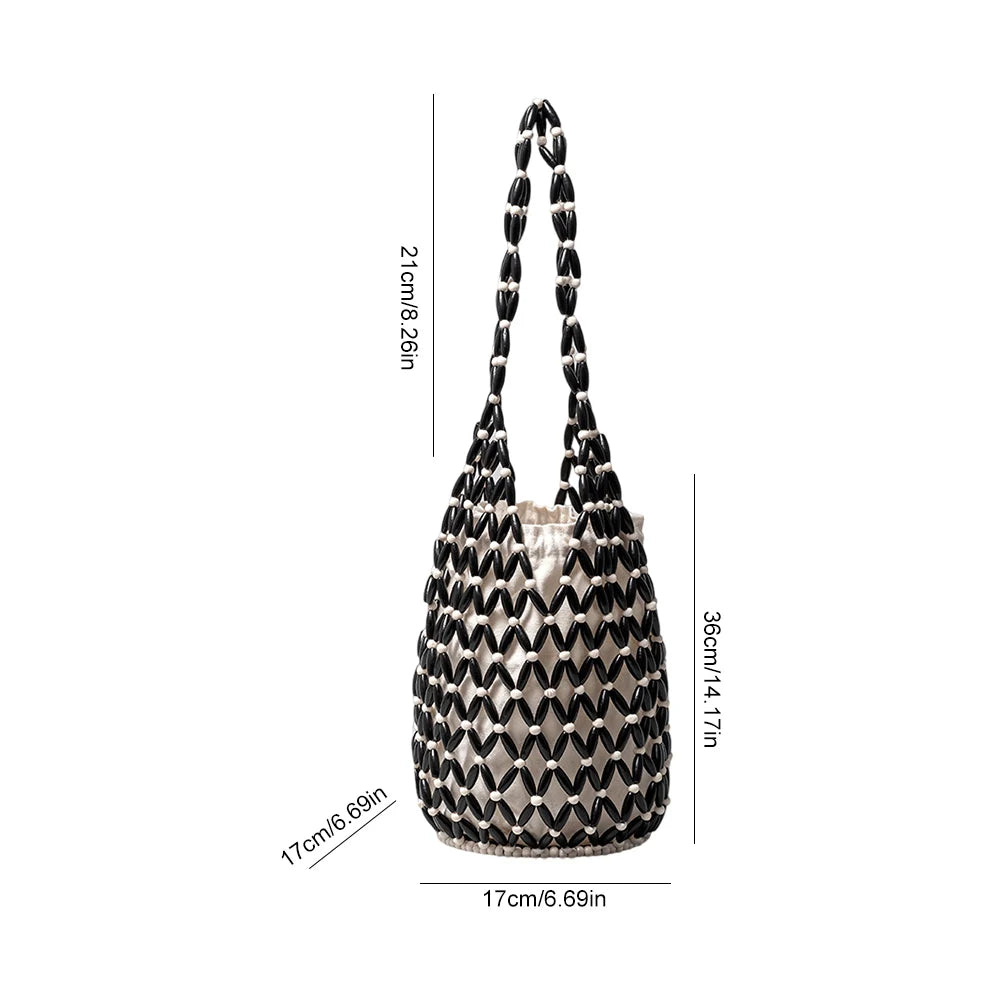 Handmade Wooden Beaded Tote Bag - Woven Shoulder Bag for Travel - ZOOMNSTORE